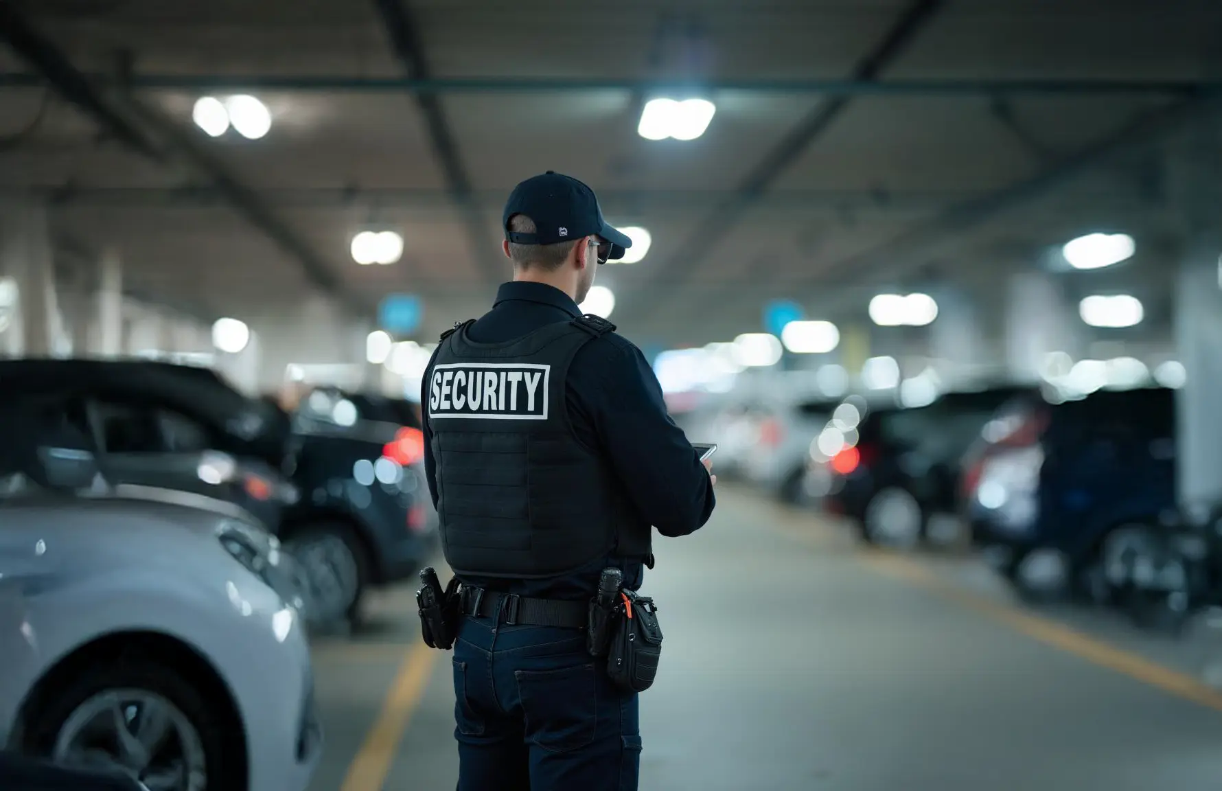 Parking Lot Security Guard Monitoring Vehicles
